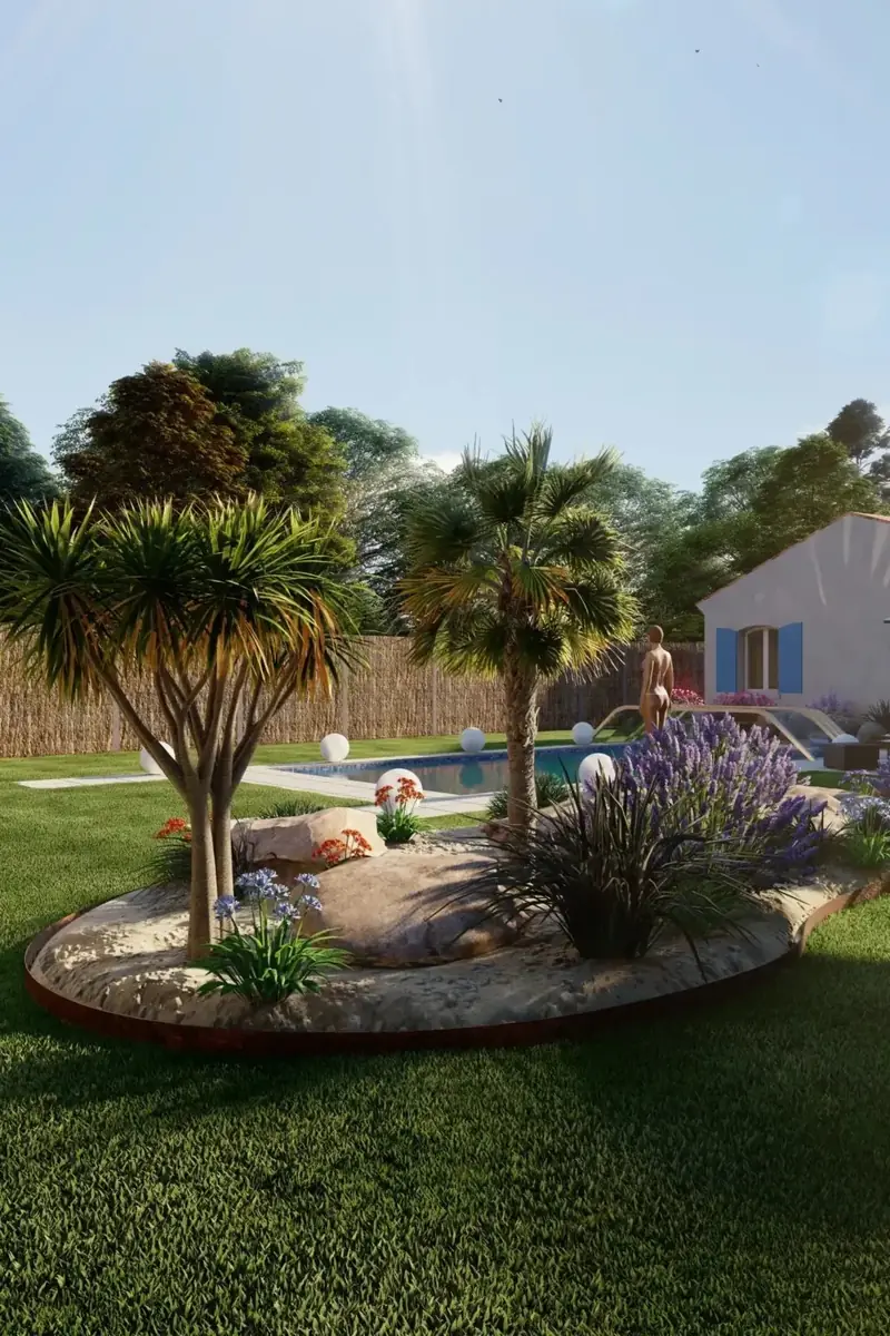 Projet de jardin conçu par Caza Paysage, rendu 3D : massif de palmiers et de lavandes