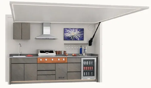 Cuisine d'extérieur Nox abri ouvert, façades grises et barbecue à façade orange