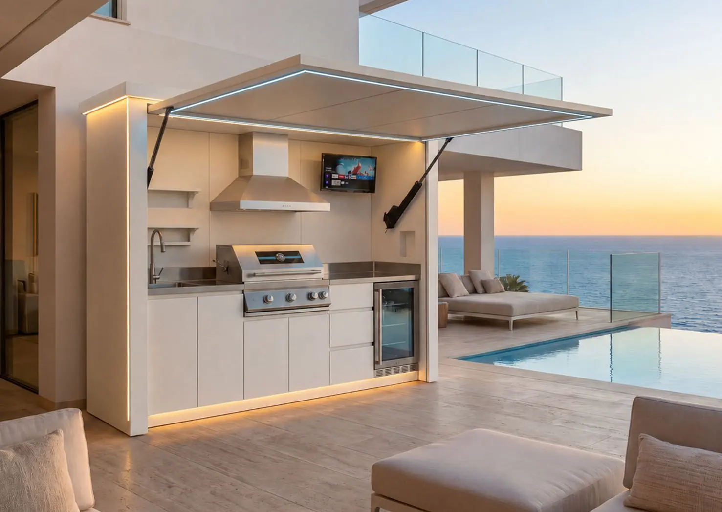 Cuisine d'extérieur couverte Nox Terrace, abri motorisé ouvert avec hotte et téléviseur, face à la mer
