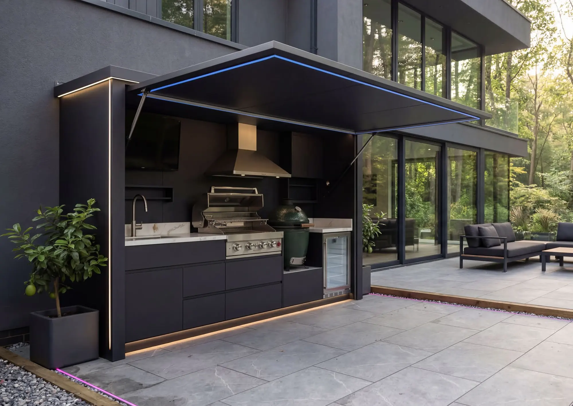 Cuisine d'extérieur couverte Nox Pavillon en finition sombre avec abri motorisé, hotte et kamado