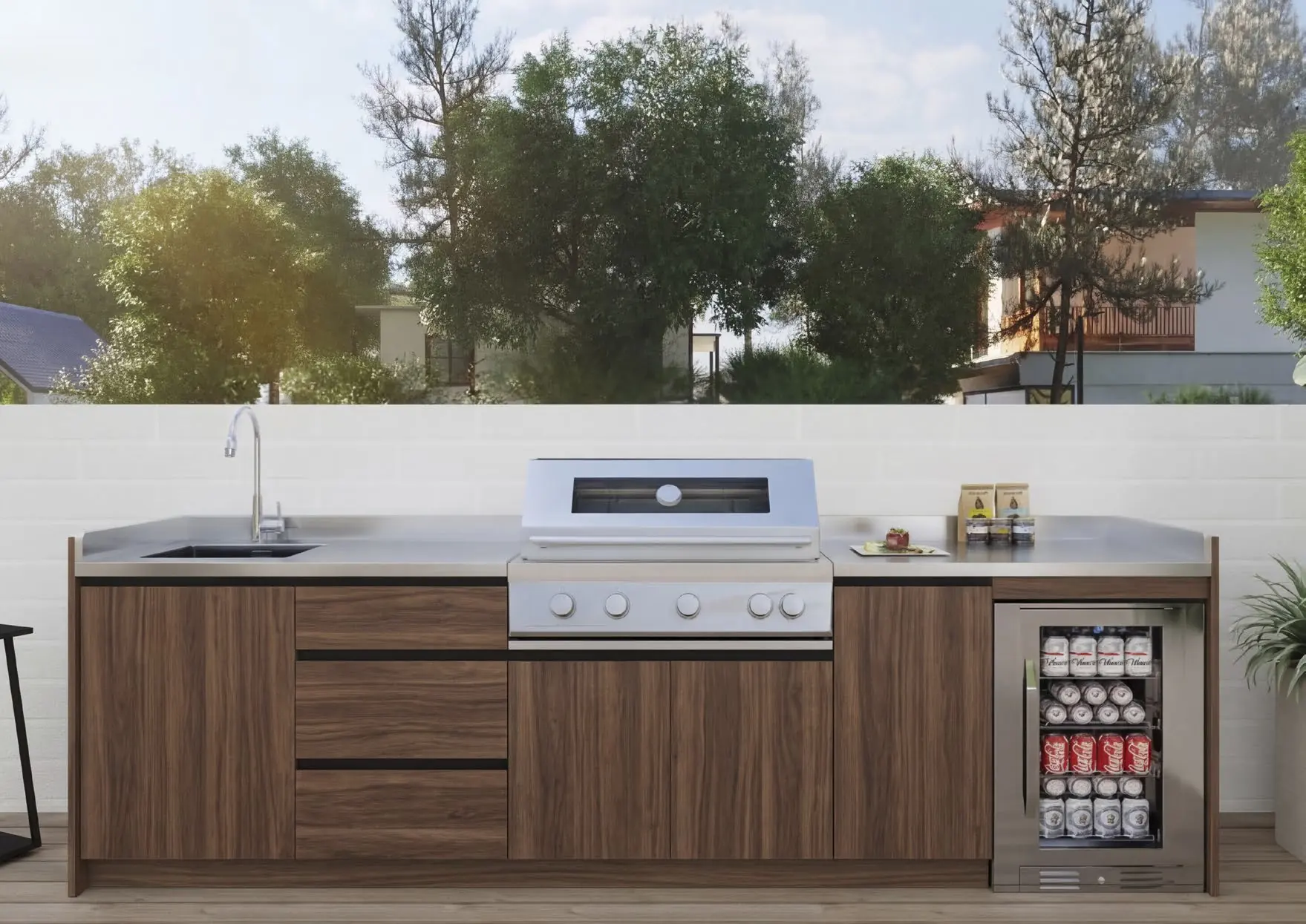 Cuisine d'extérieur ouverte Nox Nova L en finition noyer avec barbecue gaz, évier et réfrigérateur vitré