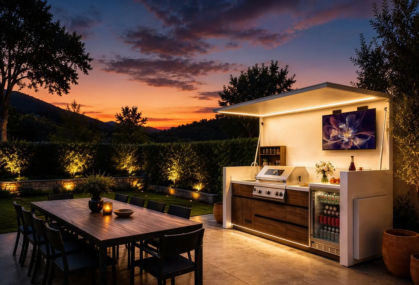 Cuisine d'extérieur Nox Light Loggia avec abri relevable éclairé au coucher du soleil, devant une table de jardin