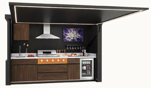 Cuisine d'extérieur Nox abri ouvert, façades bois et intérieur noir