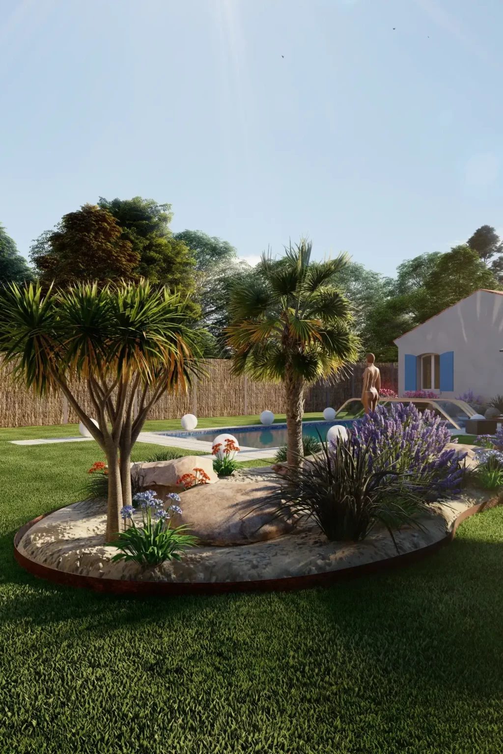 Projet de jardin conçu par Caza Paysage, rendu 3D : massif de palmiers et de lavandes