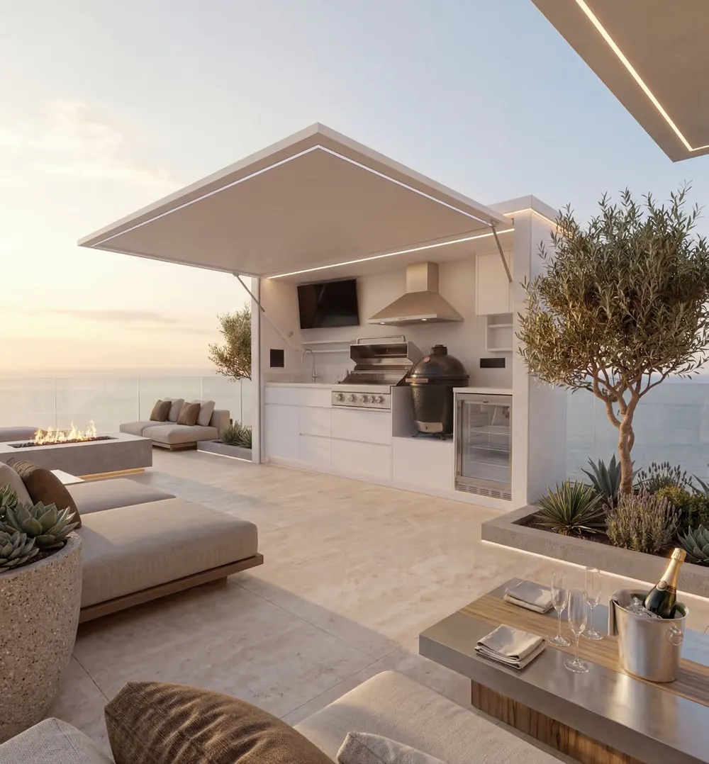 Terrasse de villa avec cuisine Nox et vue sur la mer